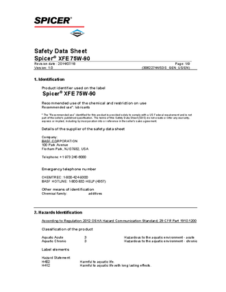 Spicer® XFE 75W-90 Safety Data Sheet